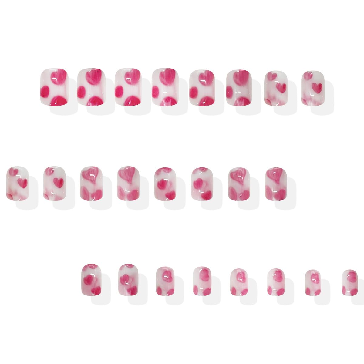 Pink Hearts Press on Nails Short Square Valentine's Day Glossy Acrylic Fake Nails Gradient Pink Stick on Nails for Women DIY Manicure Valentines Nail Decorations Supplies 24Pcs