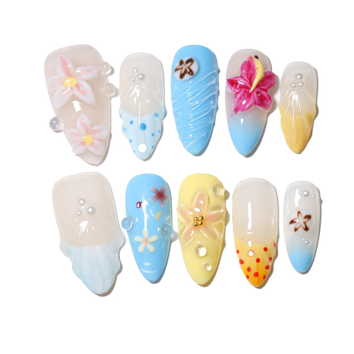 10Pcs Medium Almond Handmade Press On Nails | Easy Apply & Remove, Reusable Salon Quality Nails | Tropical Beach Themed Fake Nails with 3D Floral & Seashell Accents (A009, XS)