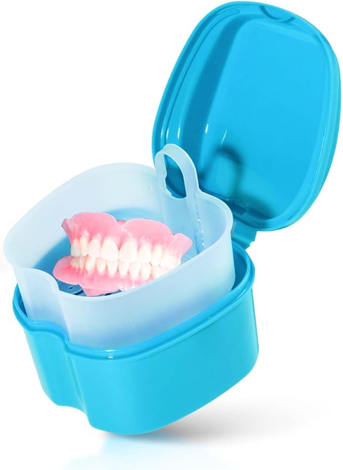 Light Blue Denture Bath Case Cup Box Holder Storage Soak Container with Strainer Basket for Travel Cleaning