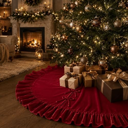 Christmas Tree Skirt,Velvet Tree Skirt with Ruffled Edge, Classic Large Velvet Fur Plush Tree Skirt for Merry Christmas(Red,48Inch)