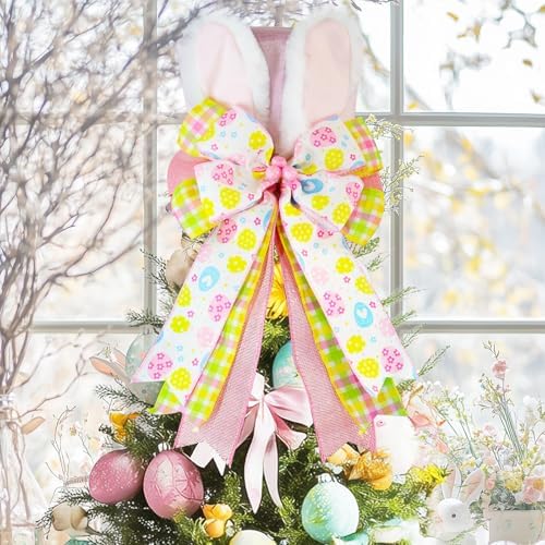 Easter Tree Topper Hat with Bunny Ears, Pink Velvet Top Hat with Wired Bow