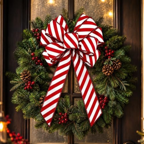2 Pack Christmas Wreath Bows, Red White Candy Stripe, 11 x 21 Inch Set