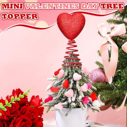 5 Inch Mini Valentine Day Tree Topper Glitter Hearts Tree Topper for Mini Trees Heart Decorations for Valentine's Day Party Holiday Ornament Home Decoration