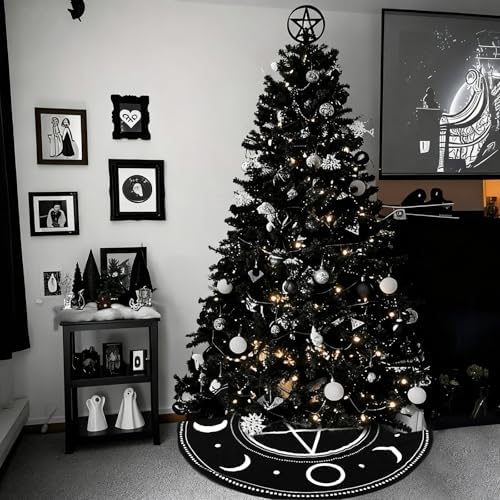 Arrowbash 36 Inch Gothic Christmas Tree Skirt Black White Pentagram Spooky