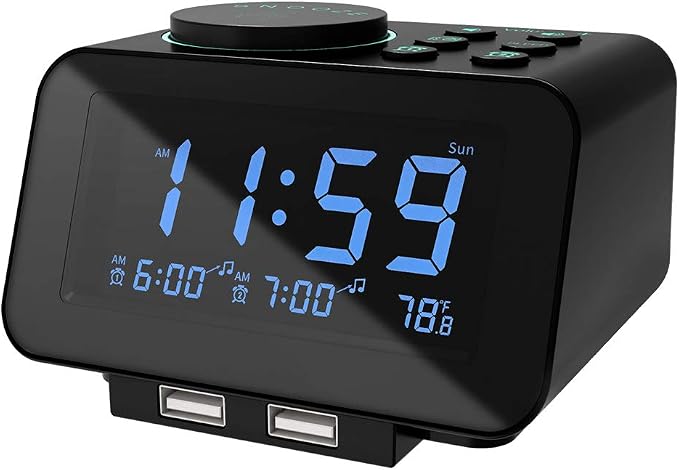 uscce Digital Dual Alarm Clock Radio for Bedrooms with 0-100% Dimmer | FM Radio with Weekday/Weekend Mode & 2 USB Charging Port & 6 Sound Adjustable Volume & Sleep Timer Temperature Battery Backup