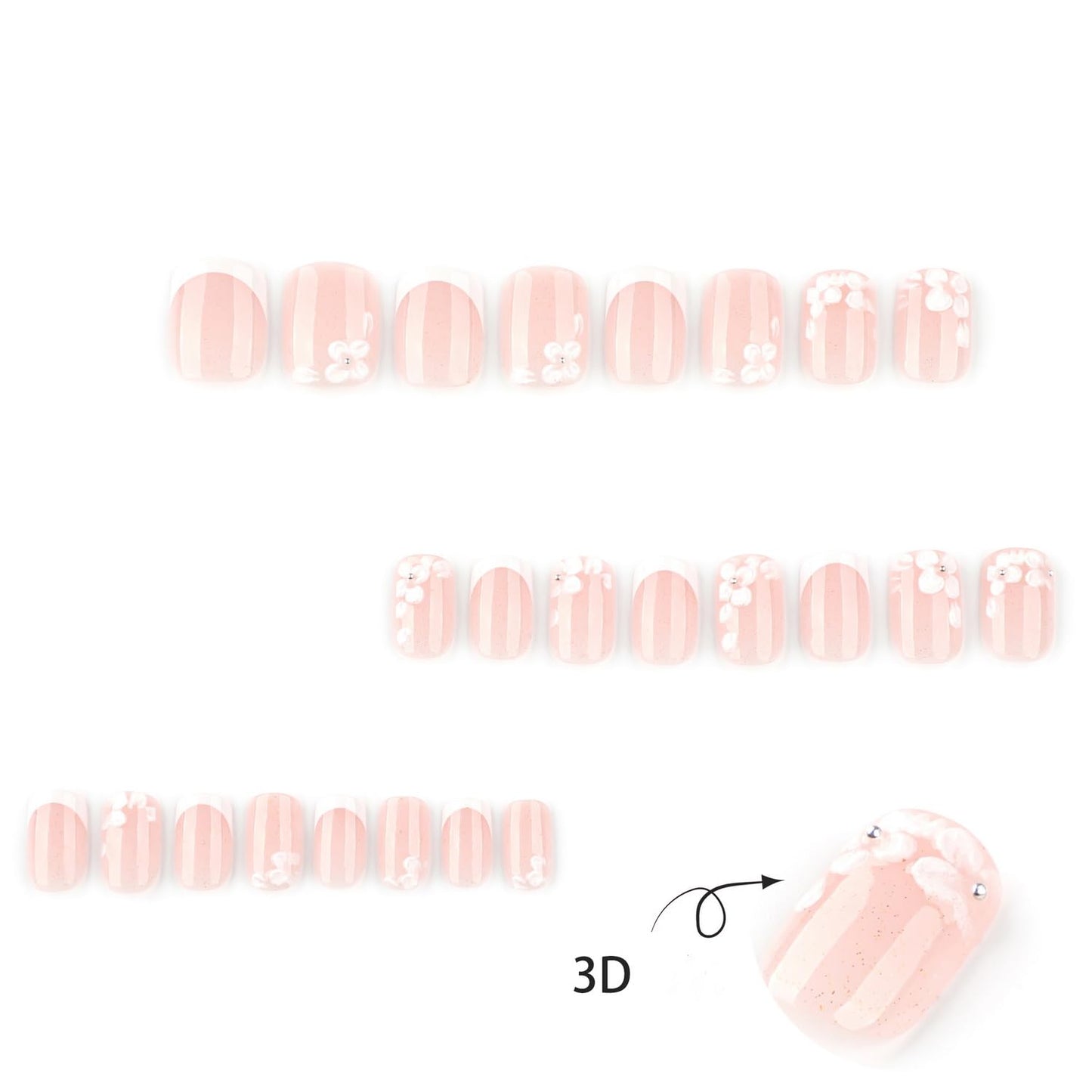 OCOUYVD Cute Flower Press-on Nails, 24pcs Glitter Short Square Acrylic False Nails with 3D Embossed Floral Pearl Design, French Tip, Full Cover Stick-on Nails for Women Manicure