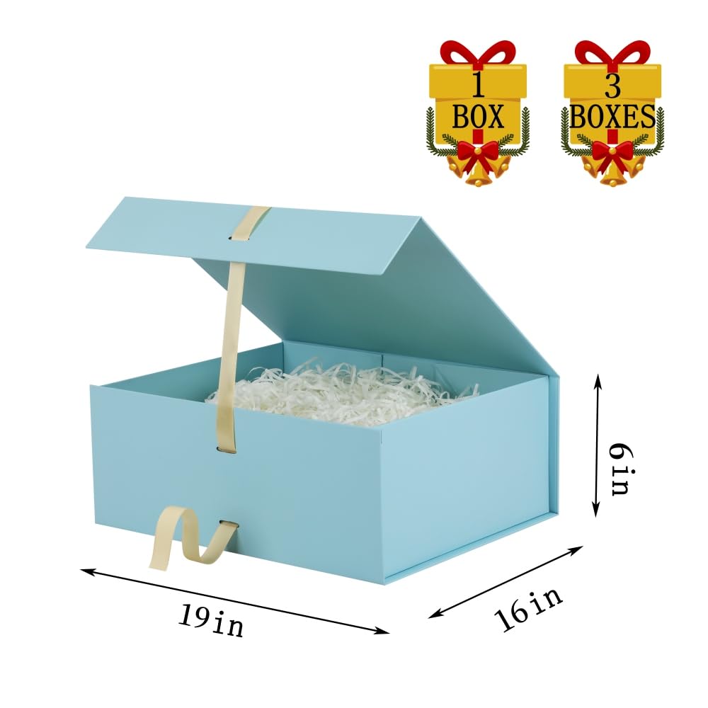 BoxSkivra Blue Extra Large Gift Box with Lid 1 Pack 19x16x6 Inch Large Gift Boxes with Crinkle Paper & Card Magnetic Gift Box with Ribbon for Wedding Dress