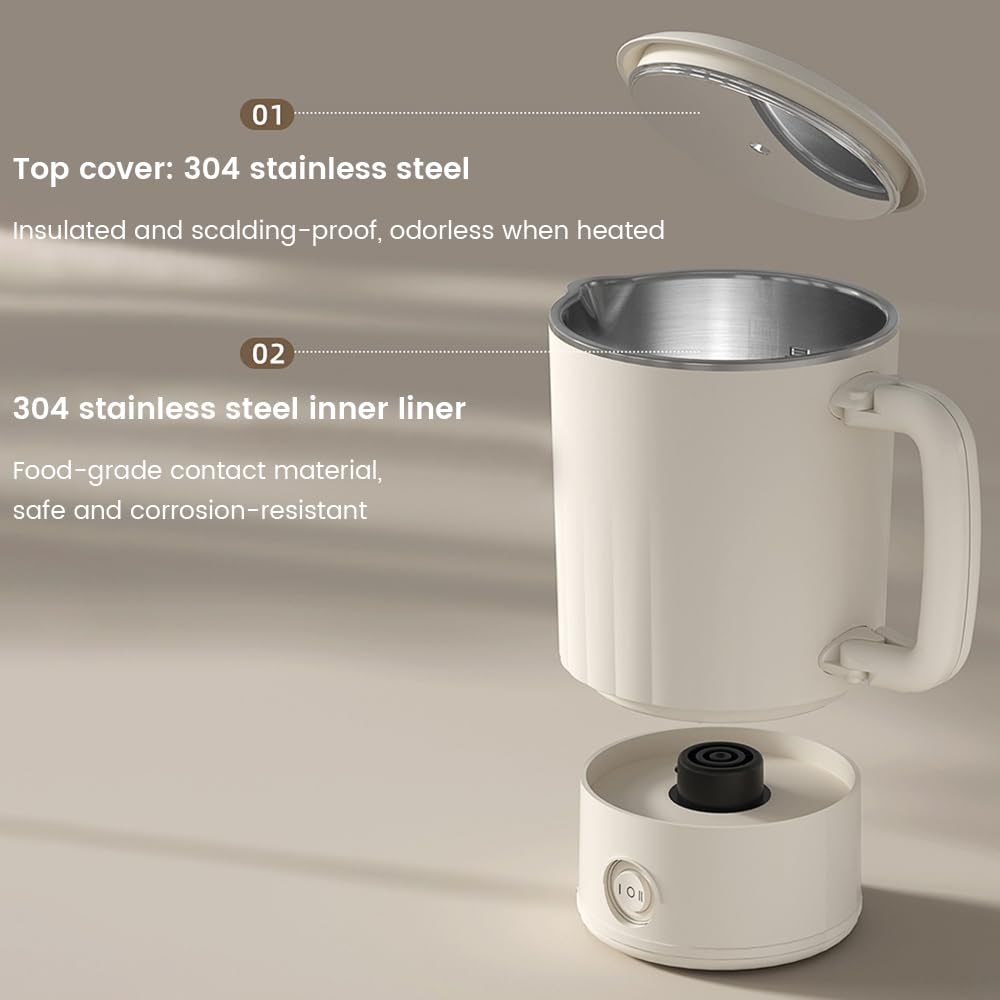 Portable Travel Kettle, 600ML Small Electric Kettle with Foldable Handle, Food Grade Stainless Steel Collapsible Water Boiler with Dual Modes, Compact Portable Kettle for RV, Camping, Beige