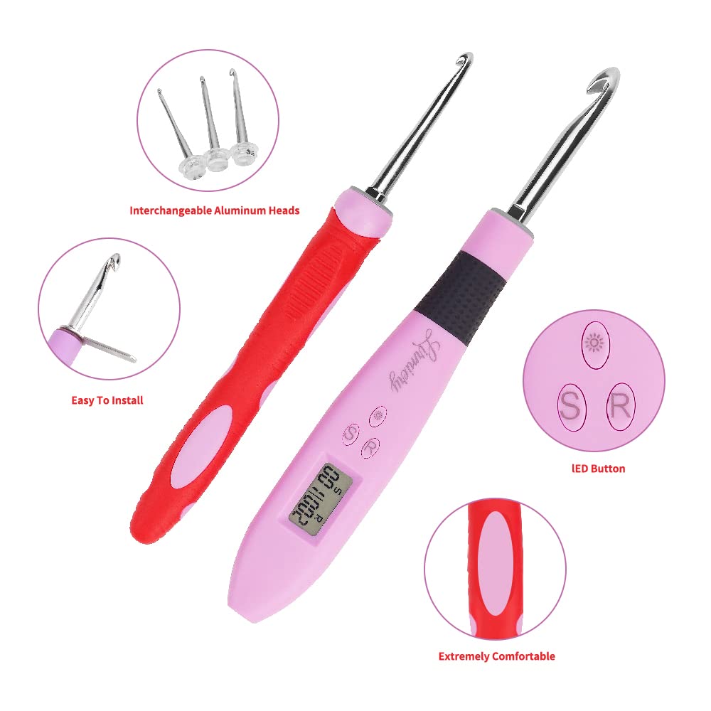Counting Crochet Hook Set Digital Ergonomic Crochet Hook-LED and 2 Levels Brightness Dimmable Light Up Crochet Hooks& Digital Stitch Counter,Beginner Knitting Kit with 12 Interchangeable Crochet Hooks