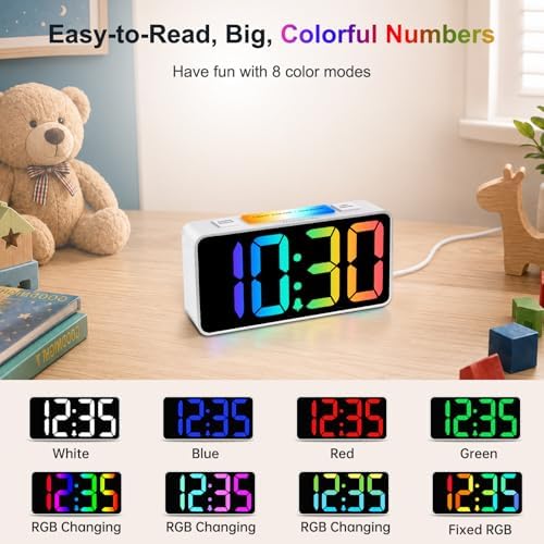DreamSky Small Digital Alarm Clock with Night Light for Kids Bedroom | RGB Desk Clock with Large Numbers for Teens Boys, Brightness Dimmer, Adjustable Alarm Volume, USB Port, USB-C Adapter Powered