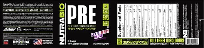 NutraBio PRE Workout Powder - Old Formula- Sustained Energy, Mental Focus, Endurance - Clinically Dosed Formula - Beta Alanine, Creatine, Caffeine, Electrolytes - 20 Servings - Grape Berry Crush