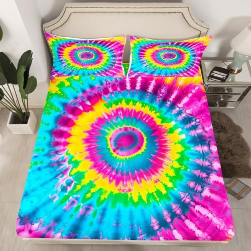 Queen Size 4-Piece Colorful Rainbow Tie Dye Sheet Set - Spiral Tie Dye Fitted Sheet, Deep Pocket, 2 Pillow Cases - color: Multi 05, size: Queen