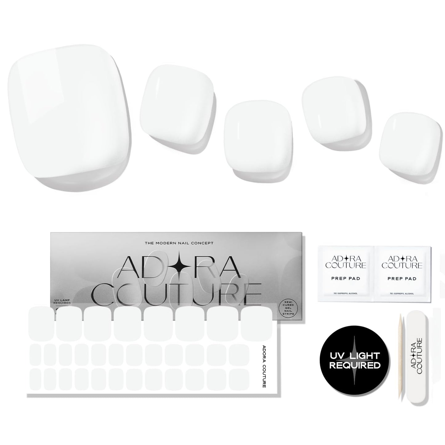 Semi Cured Gel Nail Strips – 32 Pcs Gel Pedicure Stickers - UV Nail Wraps for Toenails, Easy Application, Long Lasting, Salon Quality & UV Light Required - White P