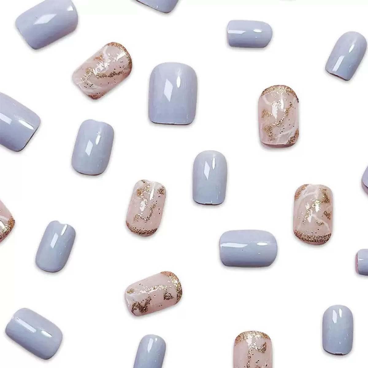 Square Press On Nails Short Fake Nails Marbling With Glitter Design Blue False Nails Full Cover Acrylic Glossy Glue On Nail Cute Stick On Nail For Women Manicure Art 24pcs