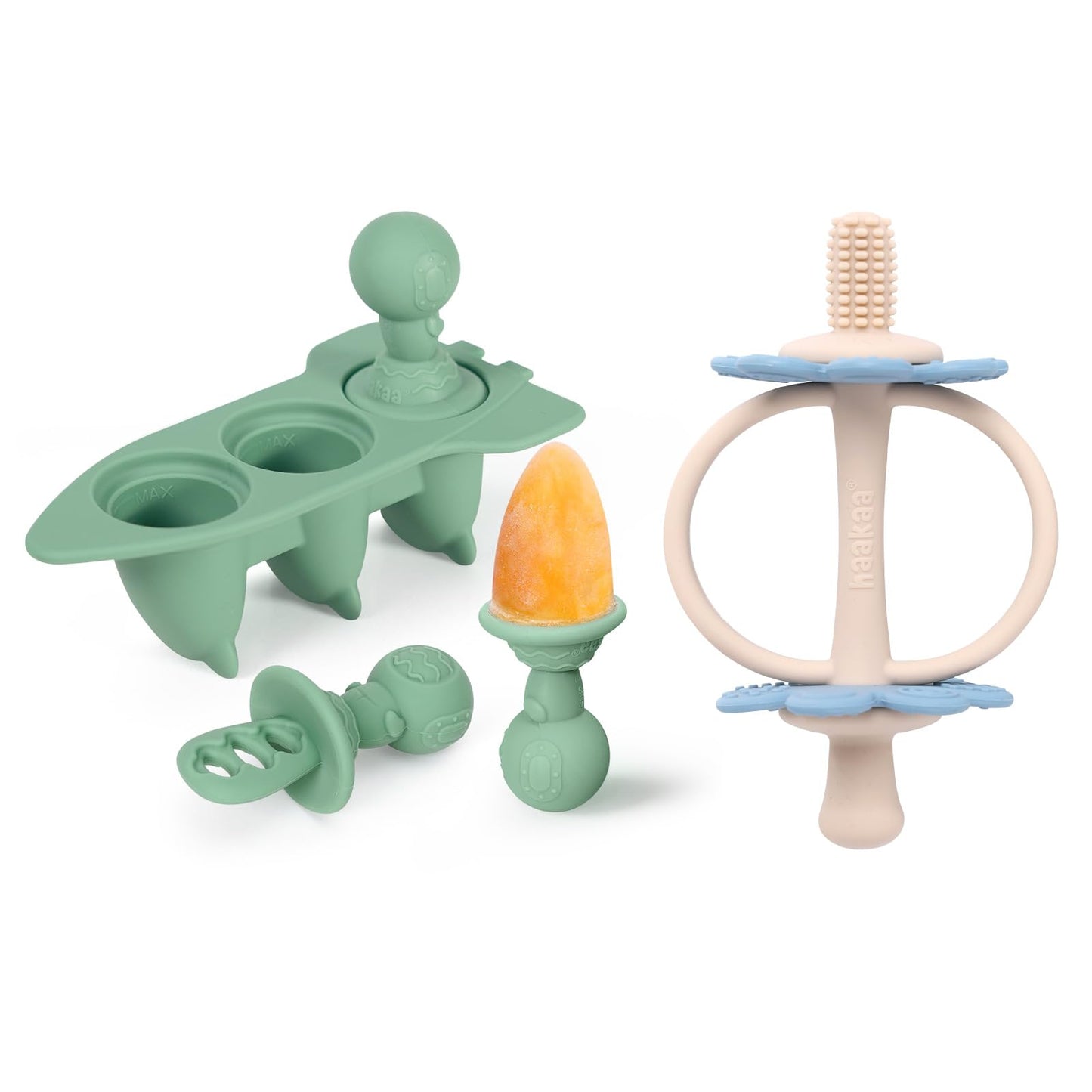 haakaa Silicone Baby Teether Toys&Ice Pop Mould Set-Nipple-Shaped End for Gum Massage,360° Baby Toothbrush Head for Self-Brushing Training- Mini Silicone Breastmilk Popsicle Molds with Sticks