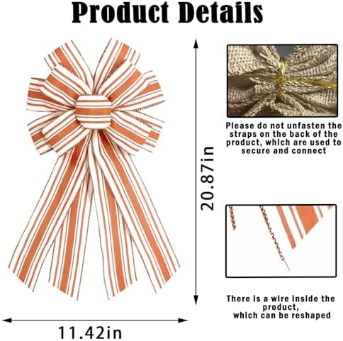 Fall Orange White Stripes Wreath Bow Birthday Anniversary Bows Christmas Farmhouse Bow Tree Ornament for Home Front Door Decorations