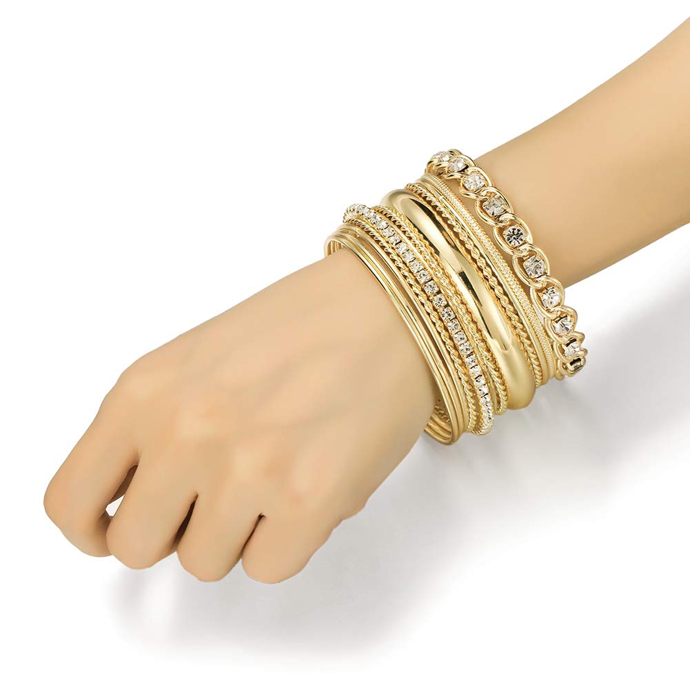 Ensoul Shiny Gold Color Twisted Multiple Metal Bracelets & Bangles Set For Women 12Pcs/Set W/Clear Rhinestones