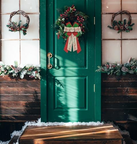 Large Merry Christmas Bow for Wreath, Glitter Red Green Wreath Bow for Christmas D??cor Winter Bow for Front Door Indoor Outdoor Wall Tree Topper Decoration Supplies Xmas Hanging Ornament