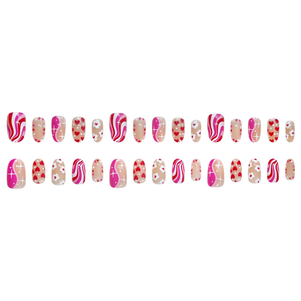 30Pcs Valentines Press on Nails Short Oval Fake Nails with Color Blocking Stripe Heart Flower Designs Cute Pink False Nails Romantic Holiday Artificial Stick on False Nail for Women DIY Manicure Salon