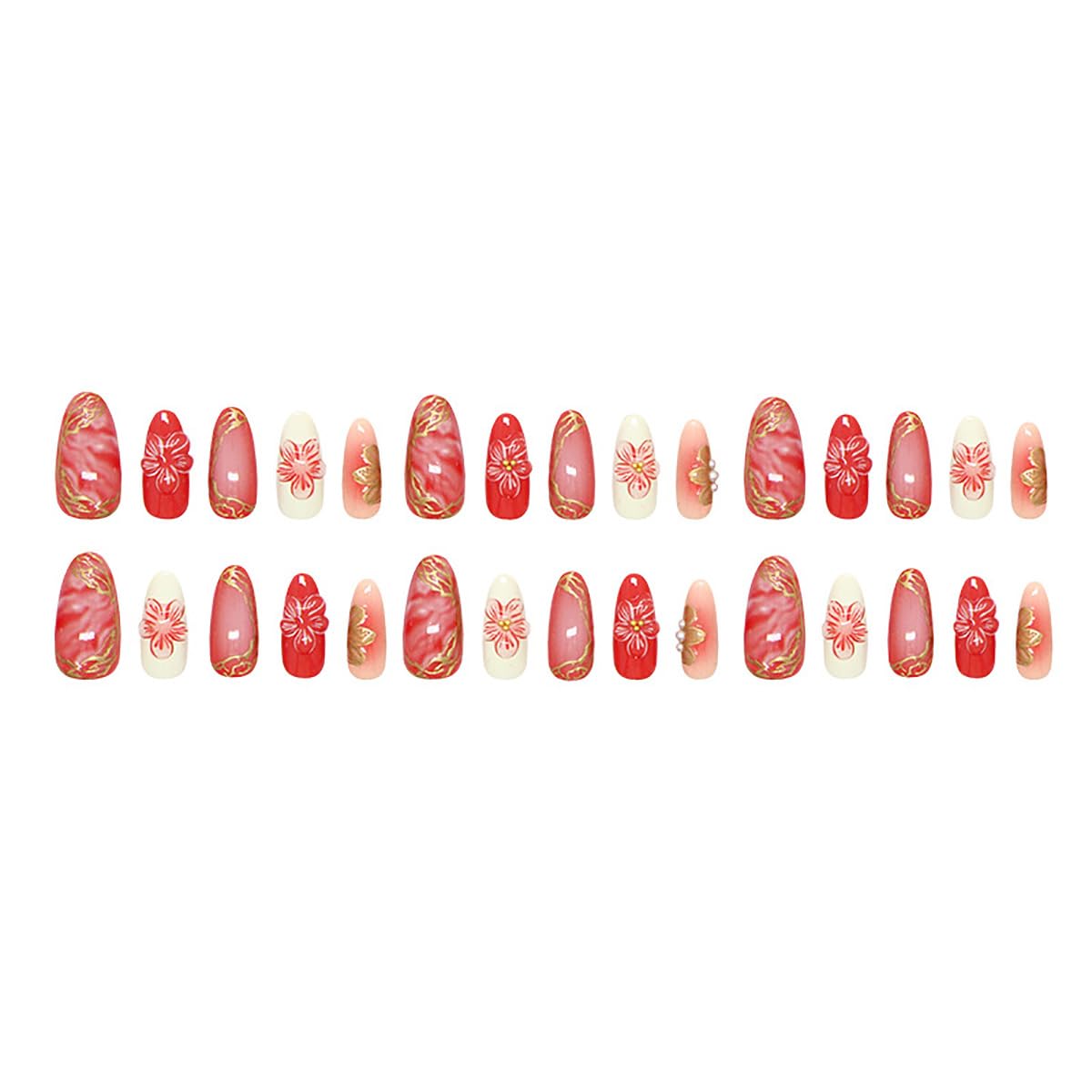 24Pcs Pink Press on Nails Medium Almond Fake Nails 3D Gold Flower Pearl Glitter Design Full Cover Tip Stick on Nails Peach Blossoms Glue on Nails Spring Summer False Nails for Acrylic Manicure
