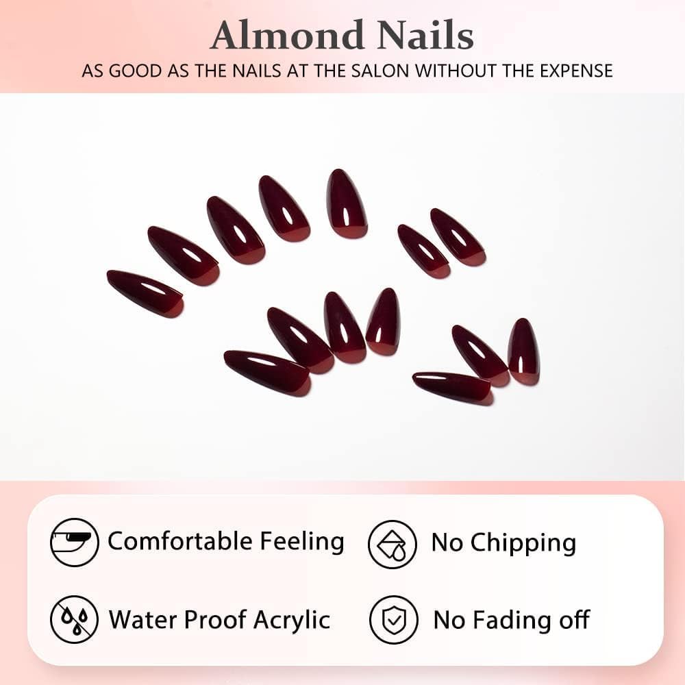KQueenest Burgundy Press on Nails Medium Almond Stiletto, Sheer Maroon Red Fake Nails Set, Acrylic Nails Press ons Almond, Reusable Soft Gel Glue on Nails for Women with Protective UV Coating 24 Pcs