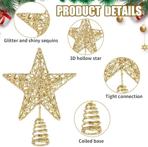 FOIMAS Christmas Star Tree Toppers, 5 Inch Gold Glitter Star Tree Topper Metal Hollow Treetop for Small Christmas Tree Indoor Party Home Decoration