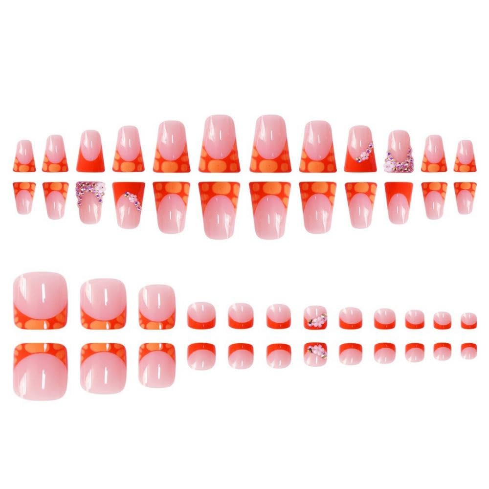 48Pcs Orange French Tip Press on Nails Medium Duck Fake Nails with Flower Rhinestones Design Short Square Press on Toenails Crocodile Print False Toenails Floral Fake Toenails for Women Girls Manicure