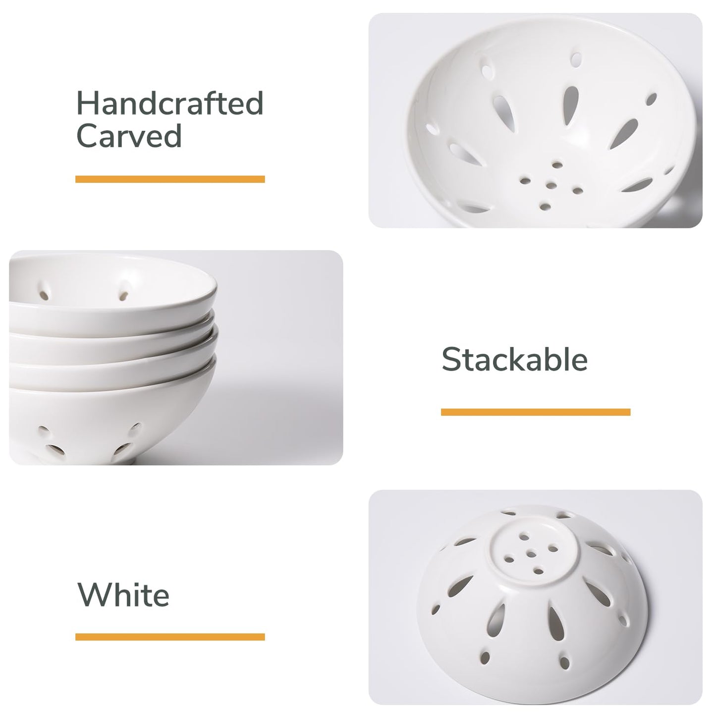 Magclay Ceramic Berry Basket, Round Fruit Bowl with Draining Hole, 5.8" Berry Colander for Kitchen Counter, Fruit Baskets Set of 2, White