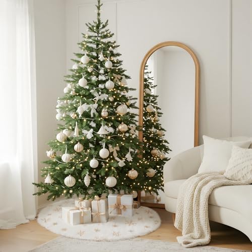 30" White Plush Faux Fur Christmas Tree Skirt with Gold Sequin Snowflakes