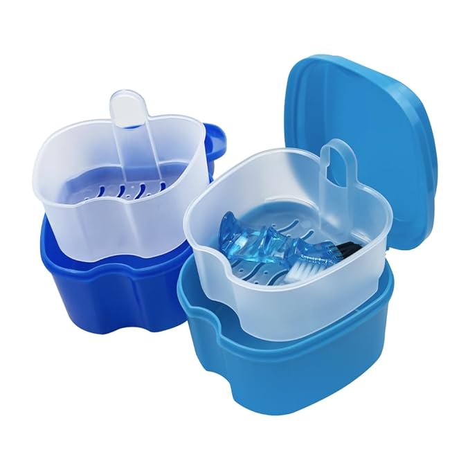 2pcs Denture Bath Retainer Case, Dentaure Cups for Soaking Dentures with Strainer Basket Tray,Compact and Pportable Design, Suitable for Traveling (White+Light Blue)