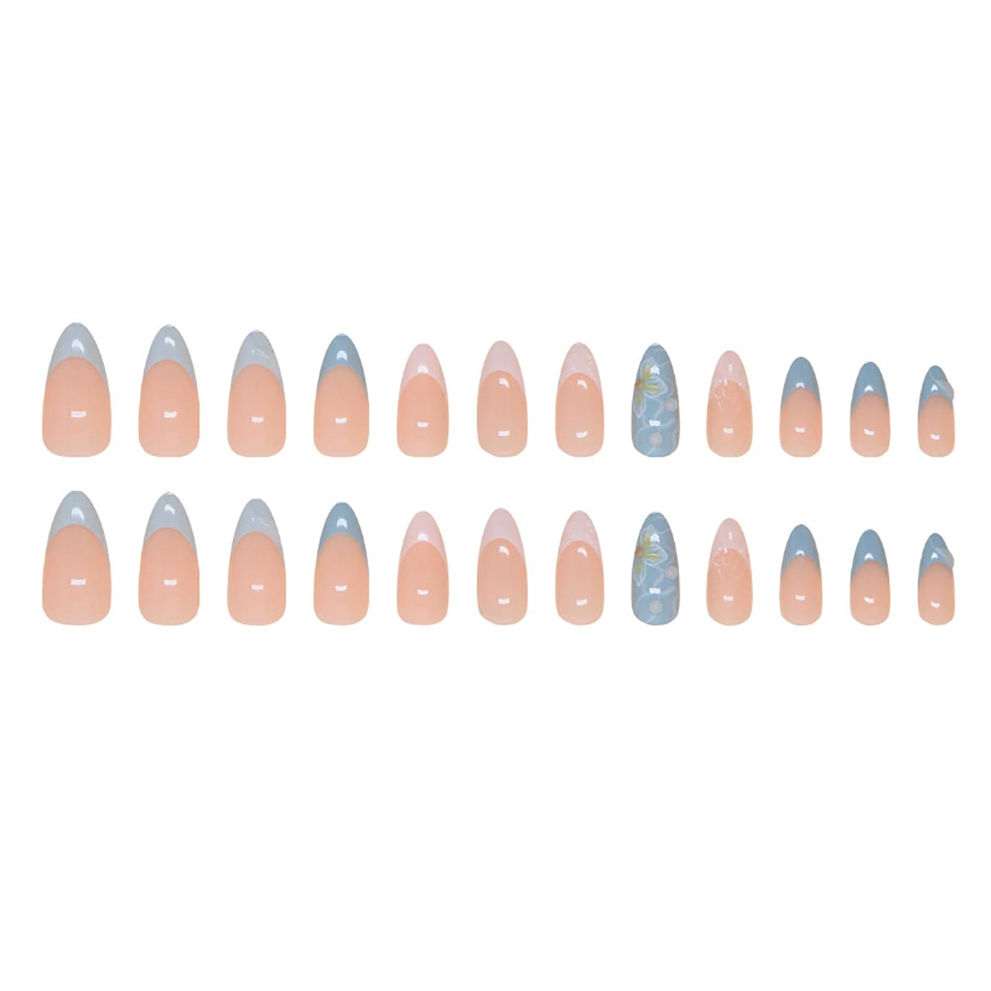 24 Pcs Blue Almond Press on Nails Medium Length Fake Nails 3D Flower and Water Ripple Design Artificial Acrylic Nails Press ons Cute French Tip False Nails Summer Glue-Free Nails for Women