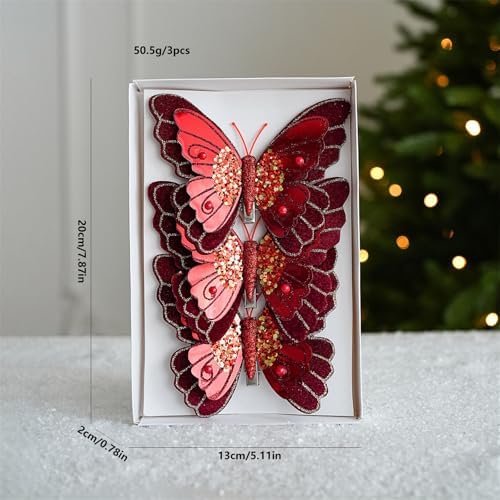 LEBETE Pack of 3 Double Layer Butterfly Christmas Tree Clips Accessory Elegant Fabric Ornaments for Holiday Decorations