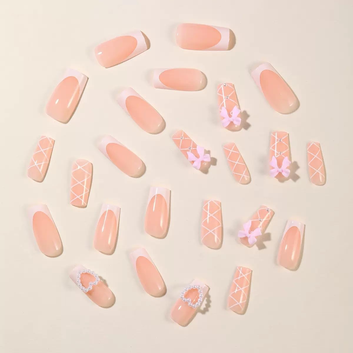 Medium Press on Nails Square - White French Tip Fake Nails with Bow Line Design - Pearl Heart False Nails Press ons - for Women 24 Pcs