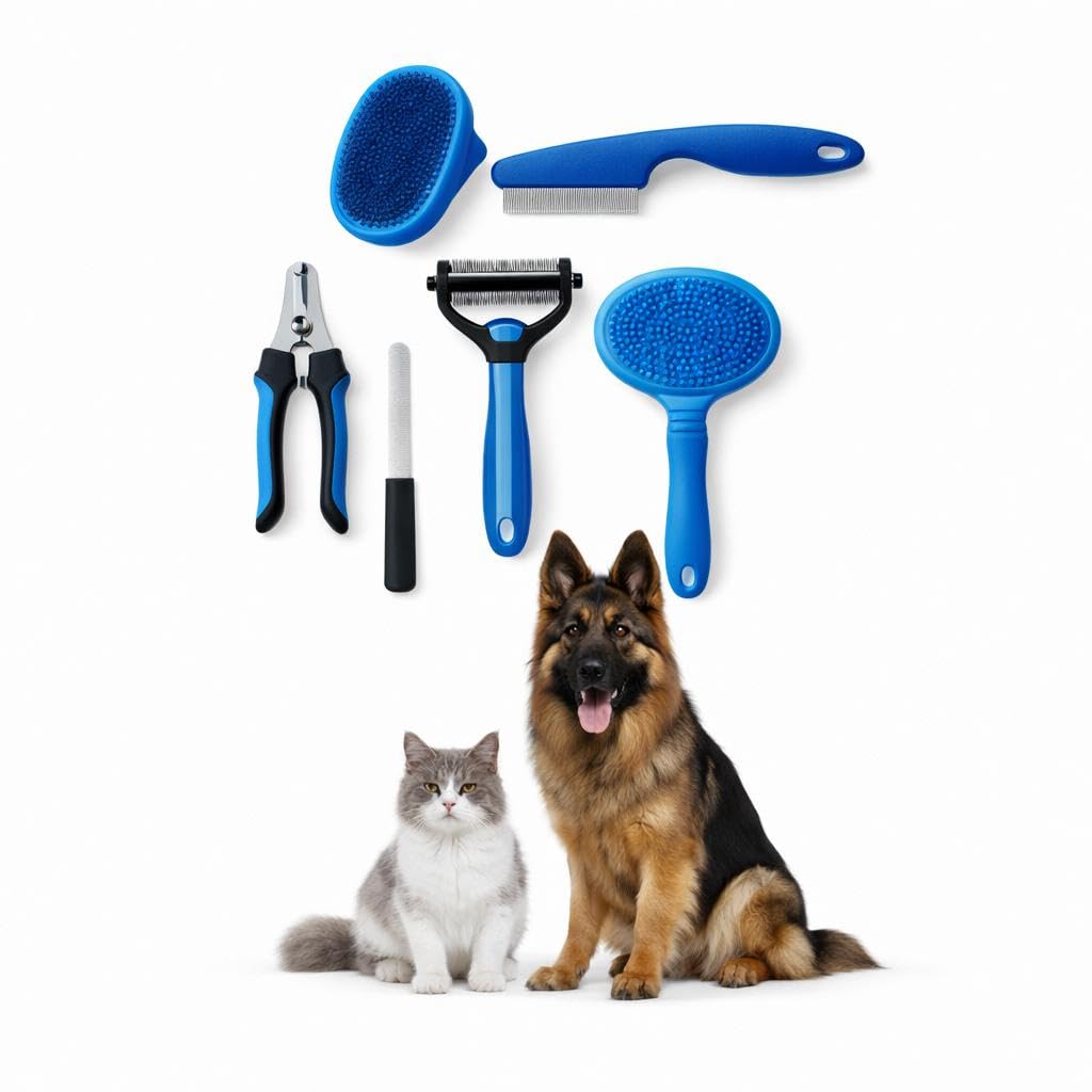 Dog Grooming Kit 6-in-1 for Heavy Shedding – Professional Pet Grooming Tools Set, Complete Home Care Kit with Deshedding Rake, Slicker Brush, Nail Clipper, Bath Brush & Flea Comb for Dogs & Cats