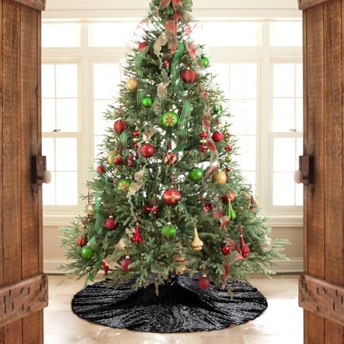 Poise3EHome Black Christmas Tree Skirt, 36 Inch Sequin Tree Skirt