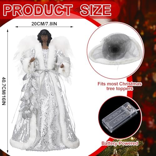 16 Inch Christmas Lighted Angel Tree Topper with Illuminated Wings Silver Leaves Gown, Christmas Tree Top Decor Ornament Flying Fairy Figurine Holidays Indoor Home Decor (Brown)