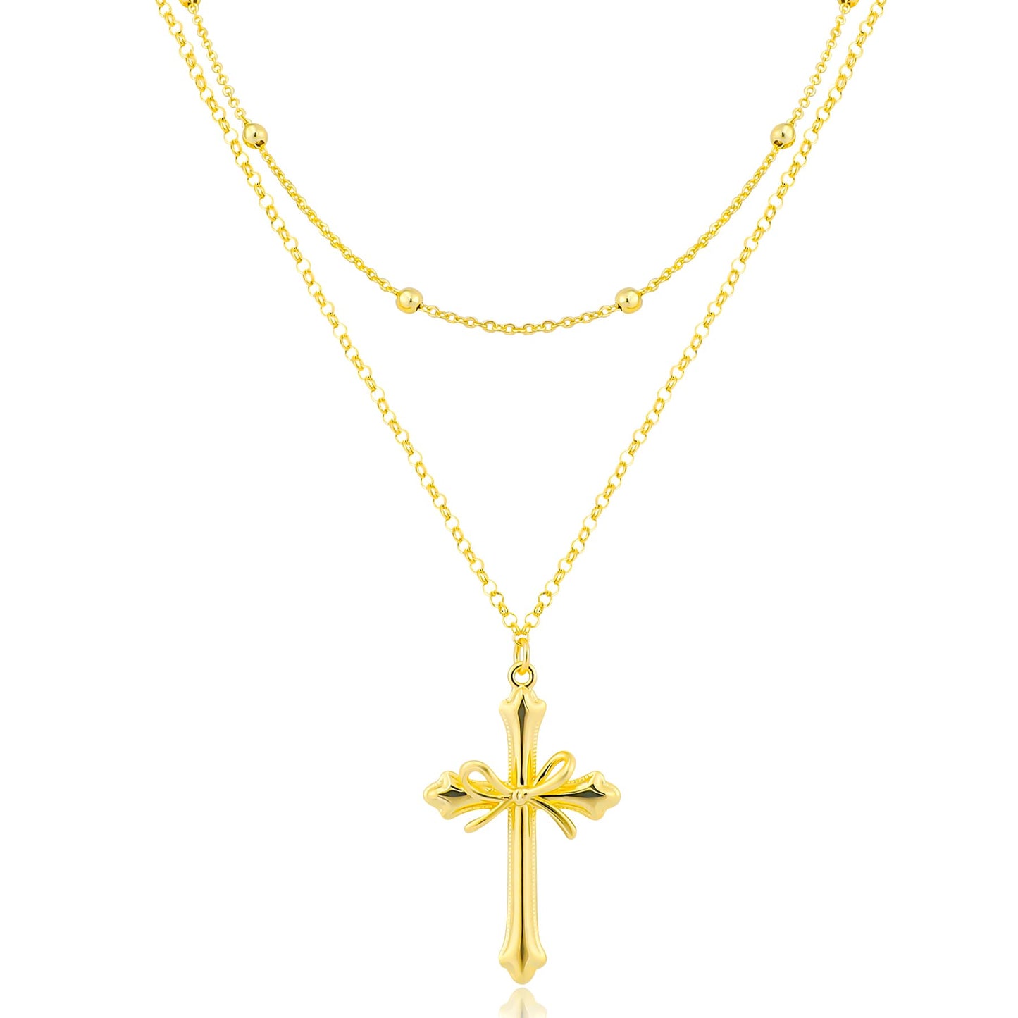 NEKOL Cross Layering Necklace for Women, Elegant Fleur-de-Lis Cross Pendant with Ribbon Bow, Retro Chain for Daily Occasions