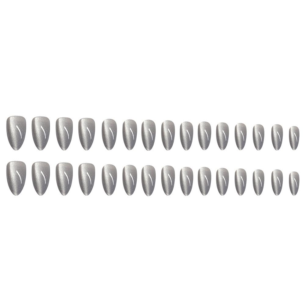 Gray Cat EyePresss on Nails Medium Almond Fake Nails Glossy Shiny Acrylic Nails Glitter Ombre Glue on Nails Solid Color Nails Press ons Short Almond Nails False Nails for Women 24Pcs