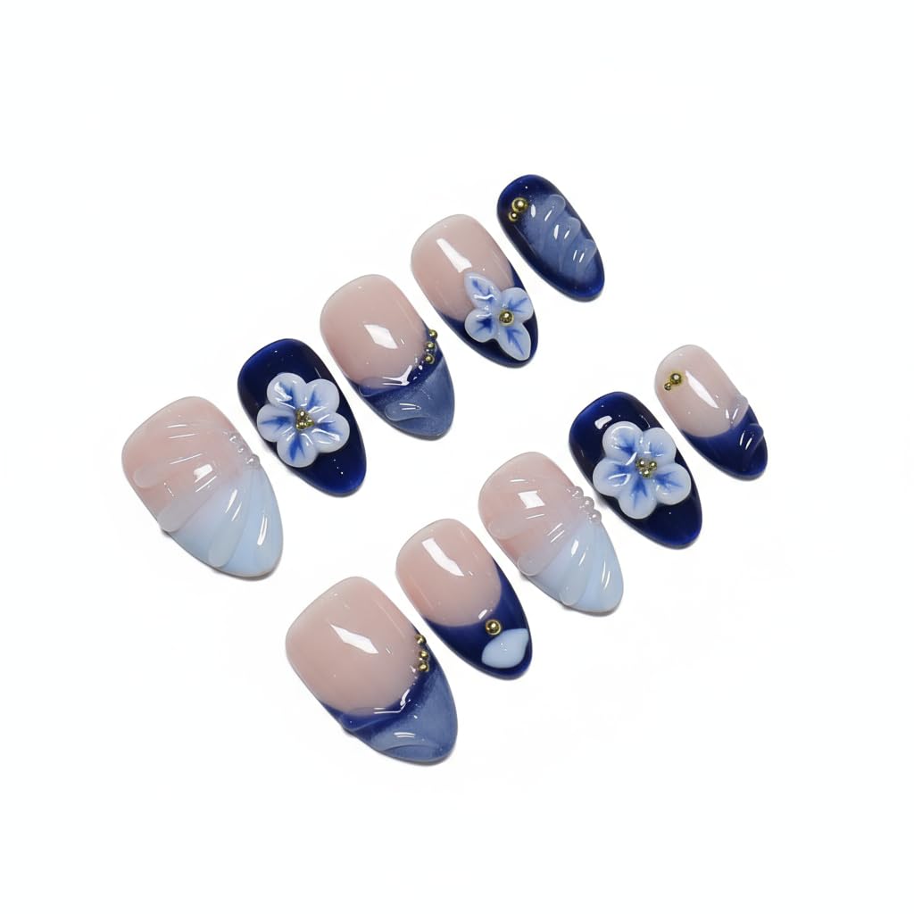 Almond Medium Handmade Press on Nails Fake Nails Blue French Tip with 3D Flower Designs luxury Glossy Cute Acrylic Nails for Women 10pcs (Size M）