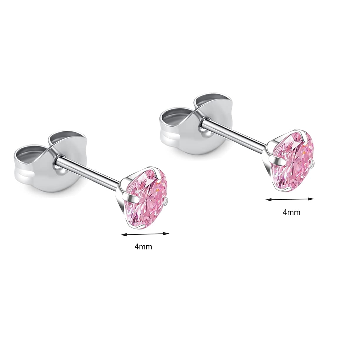 1 Pair Implant Grade Titanium Stud Earrings Set Hypoallergenic 3mm 4mm 5mm 6mm Cubic Zirconia G23 Titanium Earring Studs for Women Men for Sensitive Ear (4mm pink)