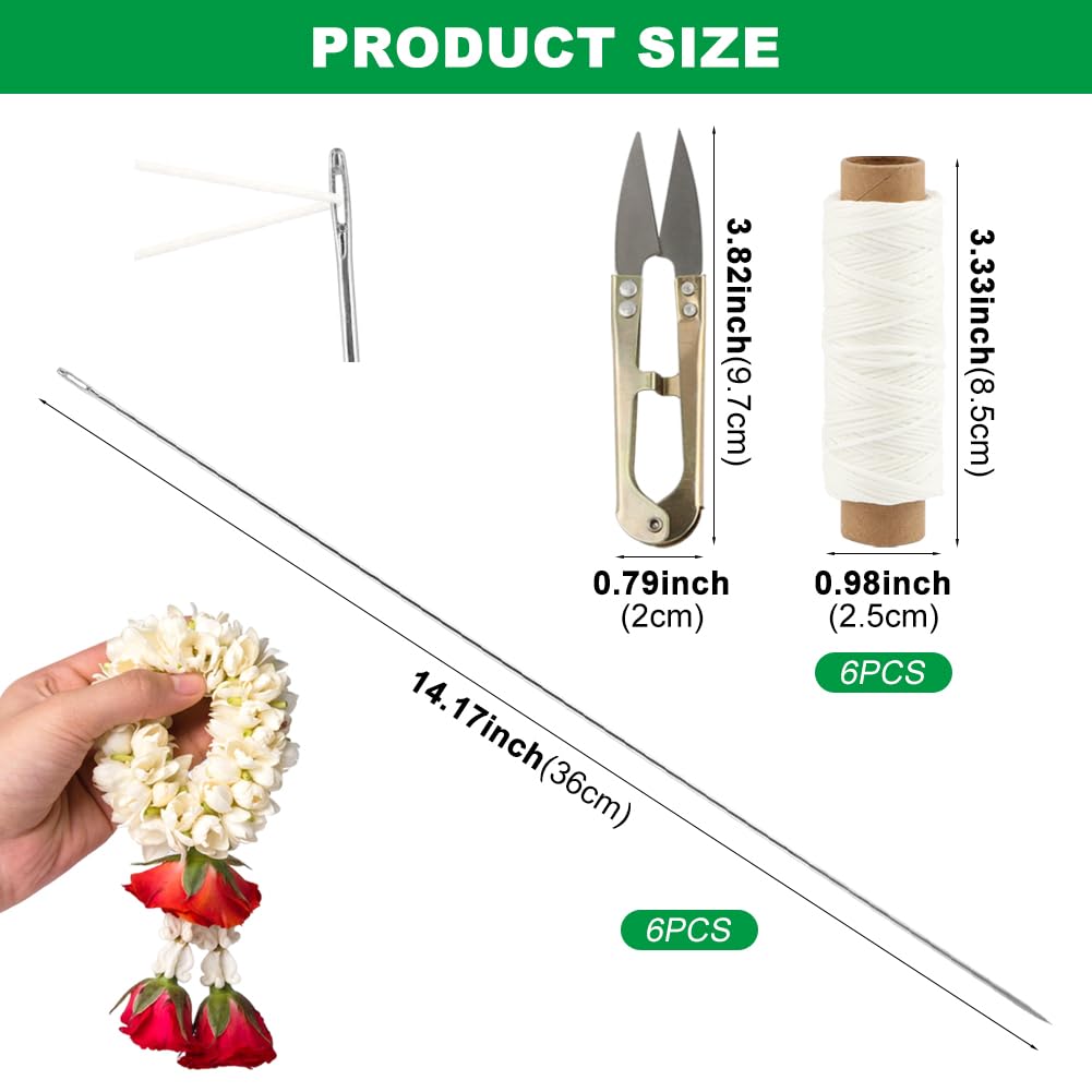 Ovrimelle 13 Pcs Lei Needle Kit, 6 Pcs 14 Inch Stainless Steel Long Lei Needle and 6 Rolls Twine 1 Sewing Scissors DIY Making Kit for Marigold Garland Hawaiian Flowers Bead Stitch Craft