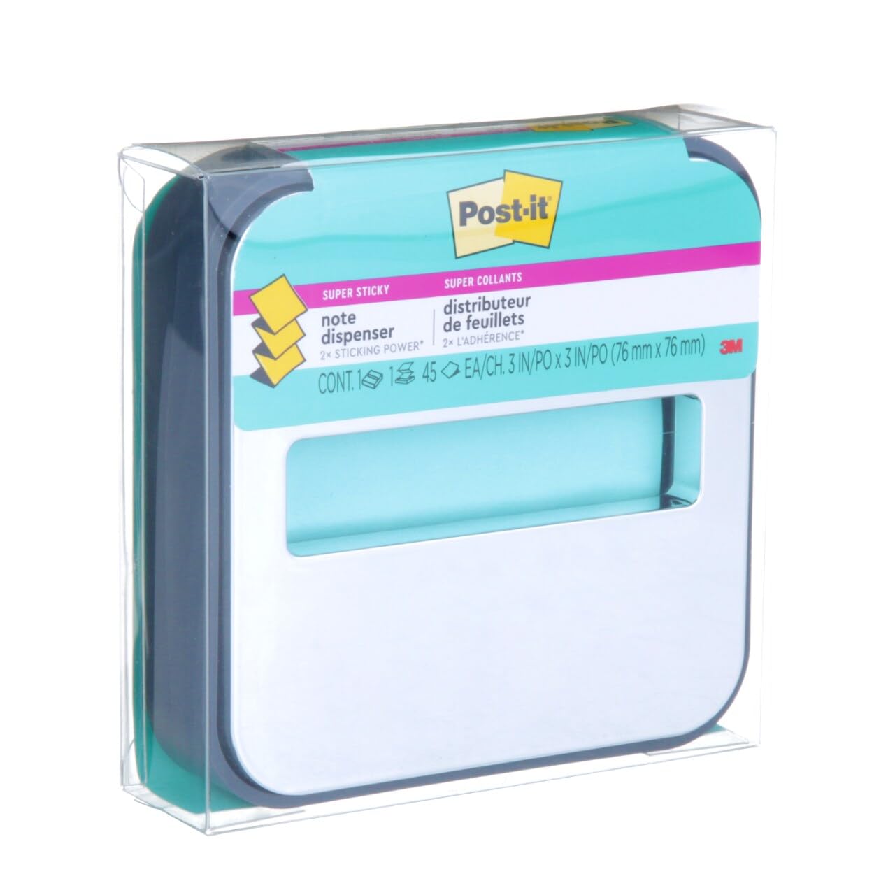 Post-it Note Dispenser with Post-it Pop-up Notes, Black Base with Steel Top, 1 Aqua Splash 3 in. x 3 in. Super Sticky Note Pad, Classroom or Office Supplies - 2 Pack