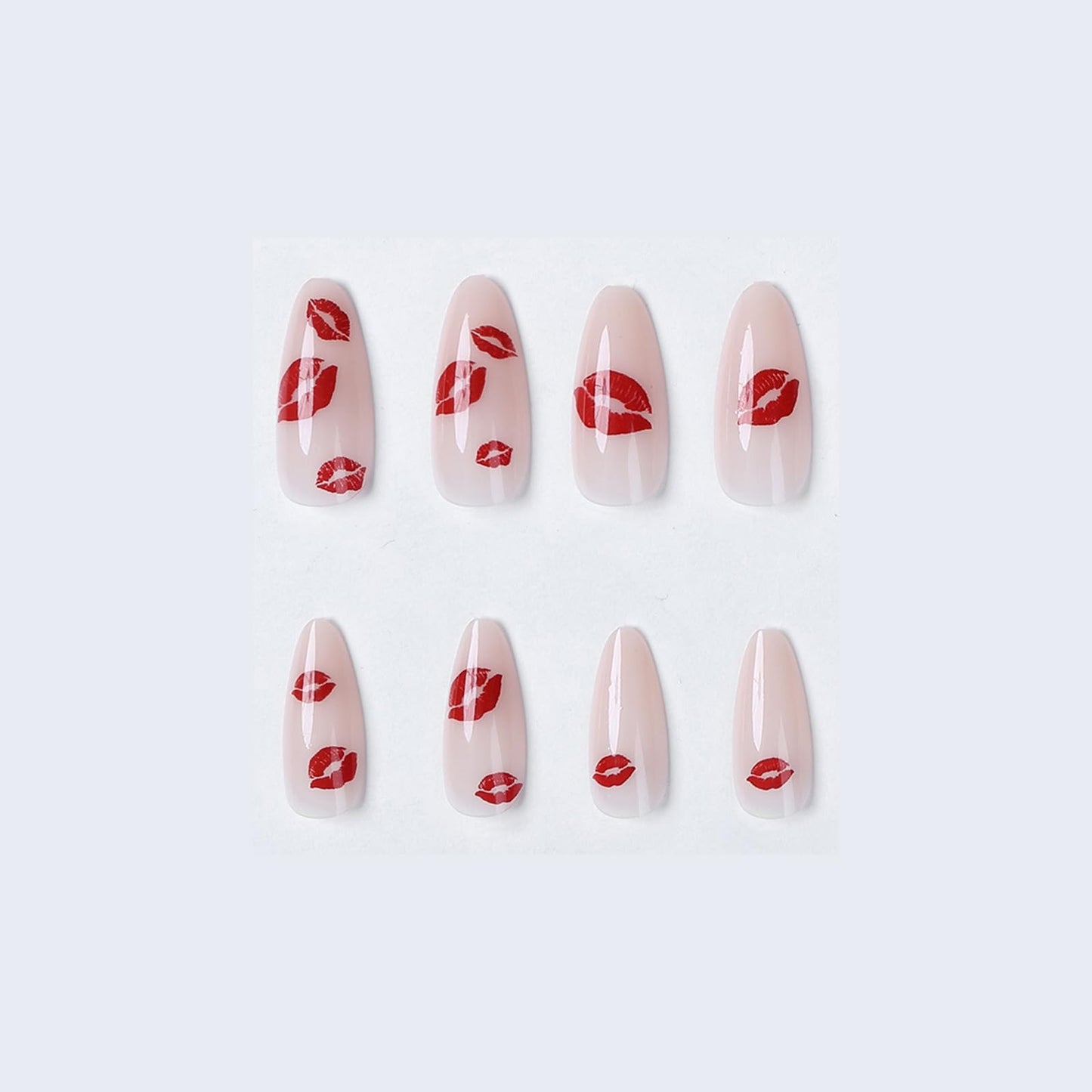 SINHOT Press on Nails - Medium Almond Fake Nails, Glossy Finish, Red Lips & Pink Gradient, DIY Artificial False Nail Art - 24 Pcs Nail Kit with Glue