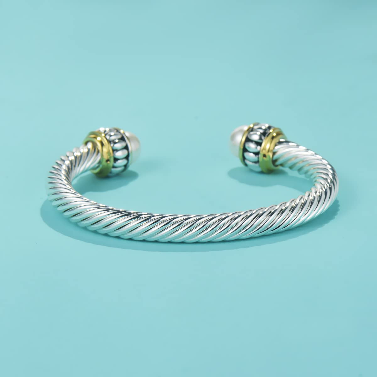 UNY JEWEL Jewelry Make a Statement Two Tone Twisted Cable Wire Caviar Imitation Pearl Cuff Bangle Makes a Stylish Christmas Gift (Two Tone Cream)