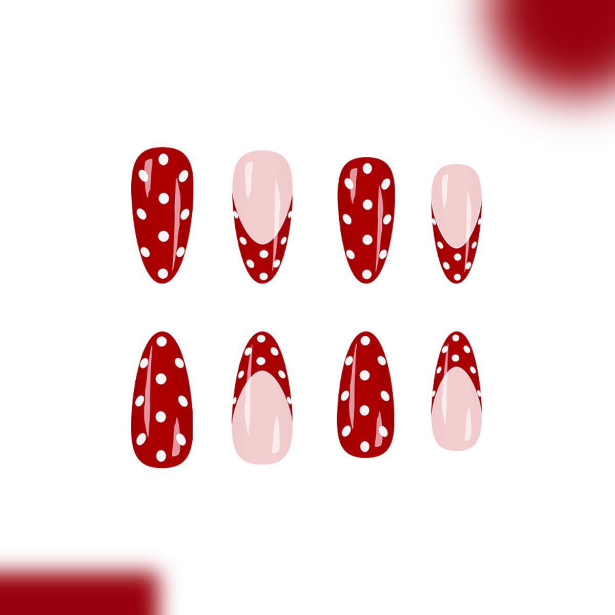 Polka Dot Press on Nails Medium Almond Fake Nails Red & White False Nails French Tip Design Full Cover Glossy Glue on Nails for Women 24PCS