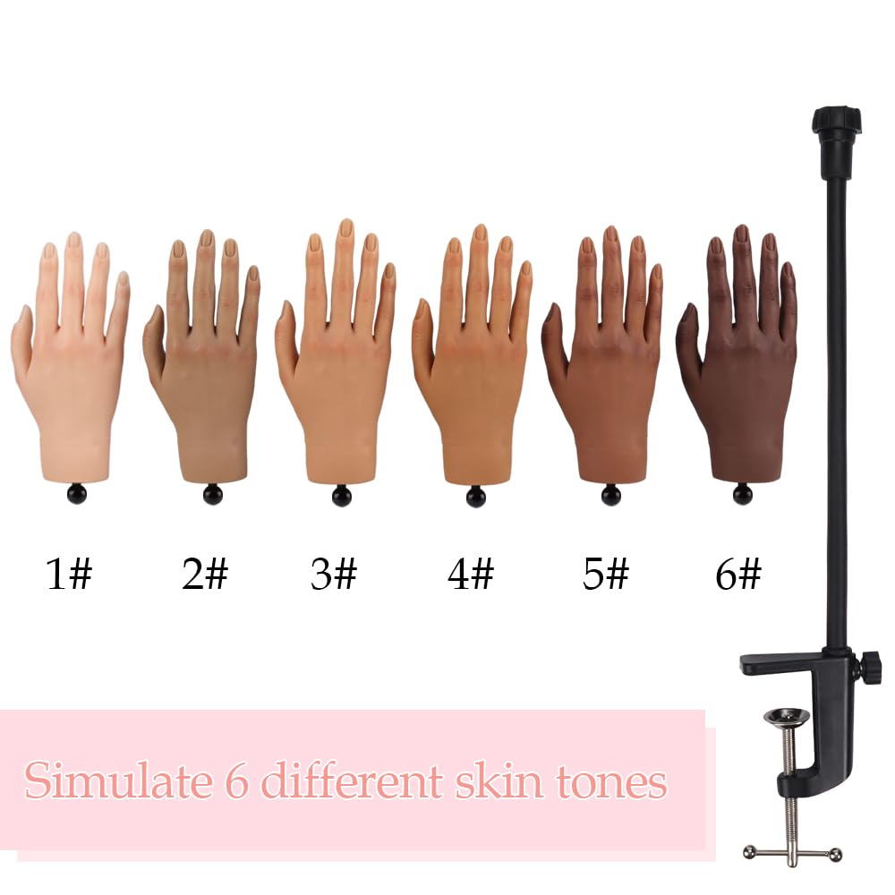 Nail Pratice Training Hand for Acrylic Nails with Stand Bracket,Soft Silicone Maniquin Hand, Flexible Bendable Nail Practice Fake Hand for Nails Art Practice Tool