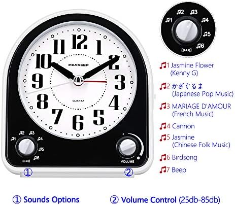 Peakeep Analog Alarm Clock Non-Ticking Silent, 7 Wake-up Sounds | with Volume Control, Nightlight and Snooze, AA Battery Operated (Black)