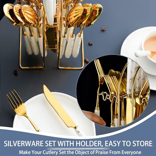 24 Pieces Flatware Set, Stainless Steel Cutlery Set with Silverware Holder, Modern Gold Silverware Set Includes Dinner Knives Forks Spoons,Hanging Silverware Set Service for 6 (White Gold) - color: White Gold