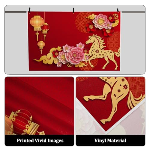 AOFOTO 7x5ft Happy Chinese New Year Backdrop China Spring Festival Lunar Year of The Horse Decoration Banner Paper Cut Flowers CNY Lanterns 2026 Background Party Supplies Photoshoot Studio Props - size: 7x5ft