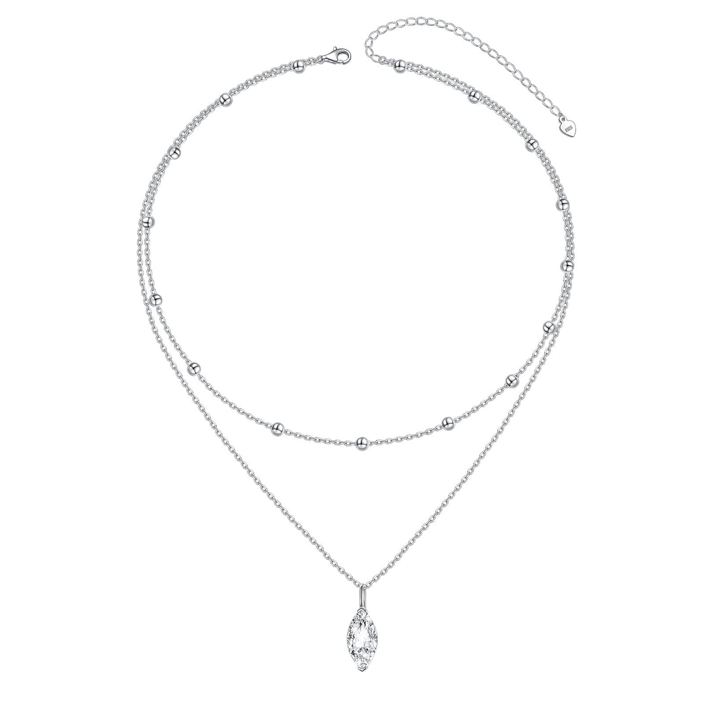FLYOW Adjustable Layered Choker Necklace Cubic Zirconia Marquise Pendant Sterling Silver Solitaire Necklaces for Women Sisters Birthday Gifts